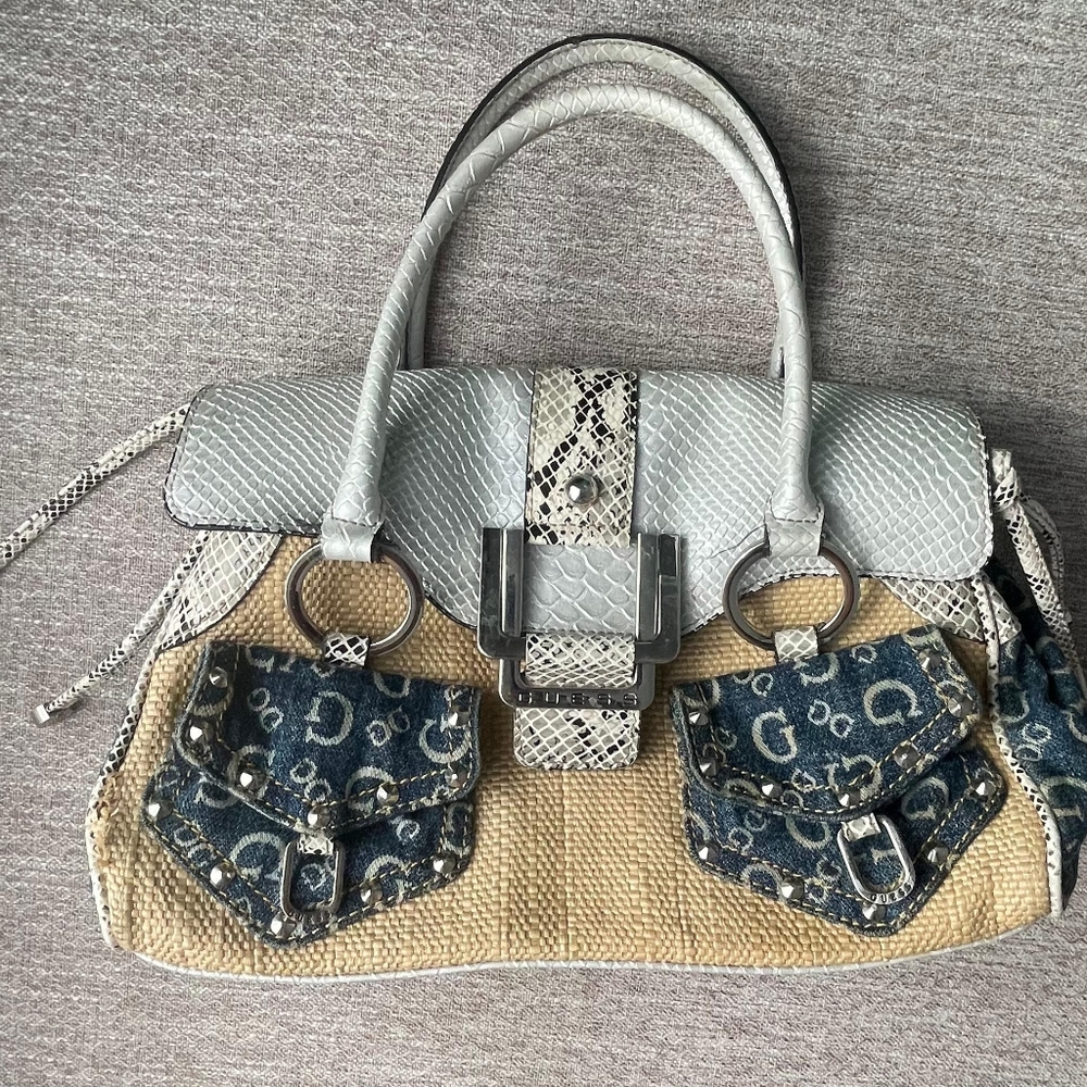 GUESS Vintage Y2K Denim & Straw Handbag • Boho Luxe Mini Bag - Picture 2 of 8